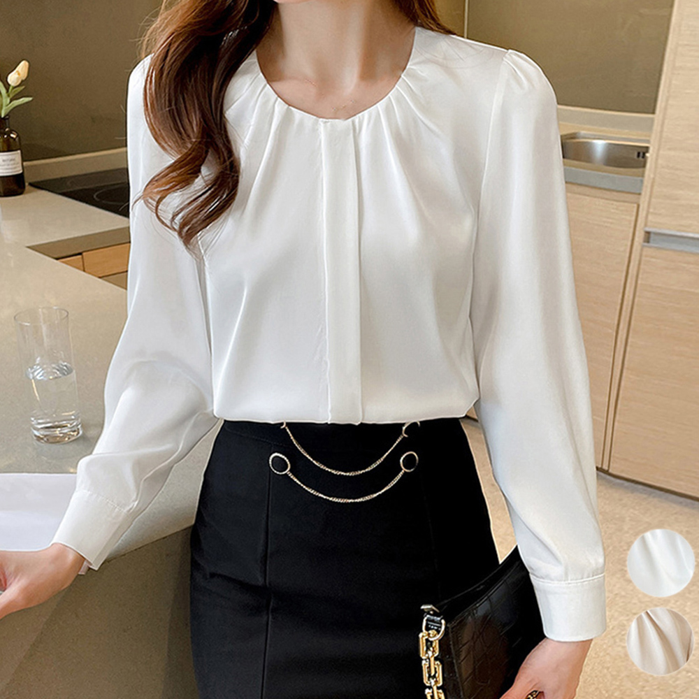 フォーマルカジュアル 通勤用フロントタック長袖ブラウス レディース上品