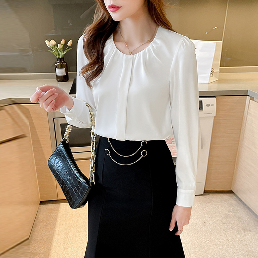 フォーマルカジュアル 通勤用フロントタック長袖ブラウス レディース上品