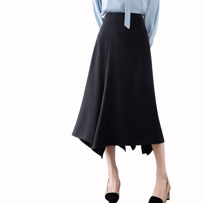 フォーマルカジュアル 通勤用変形裾黒ロングスカート きれいめ 秋冬
