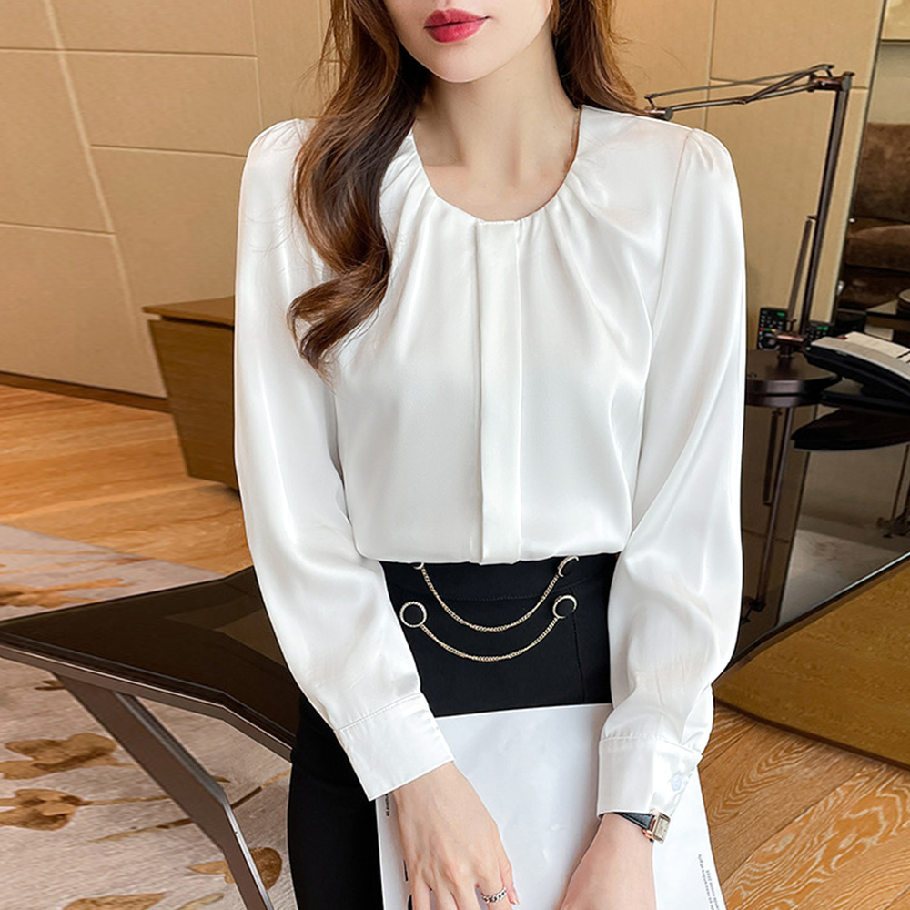 フォーマルカジュアル 通勤用フロントタック長袖ブラウス レディース上品