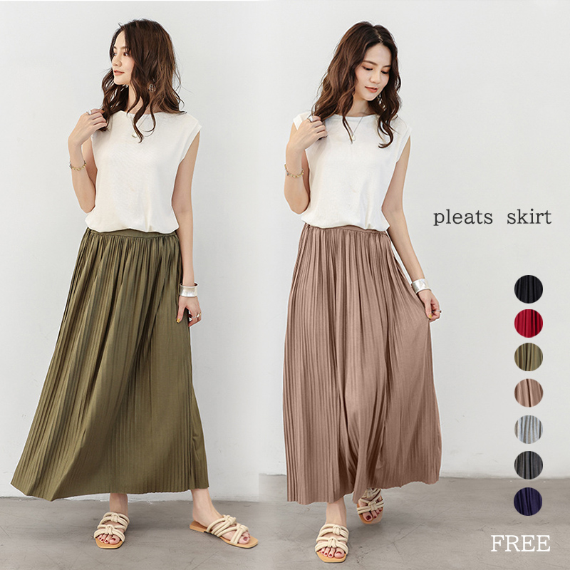 スマートカジュアル 参観日対応 プリーツロング丈スカート ウエストゴム 体型カバー