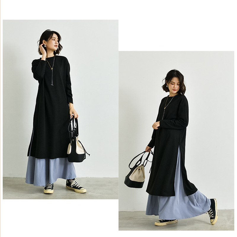 フォーマルカジュアル 参観日対応重ね着風長袖ワンピース上品ロング丈きれいめ