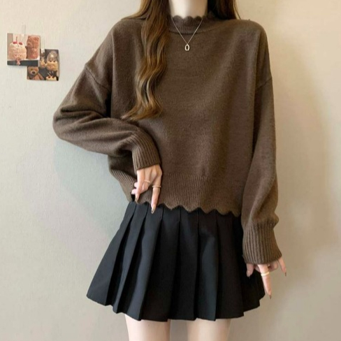 フォーマルカジュアル 参観日対応フリルネック無地ニットセーター