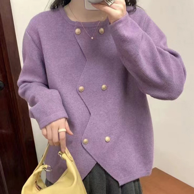 フォーマルカジュアル 参観日対応 秋冬ダブルボタン編み上着 前開き丸首羽織り