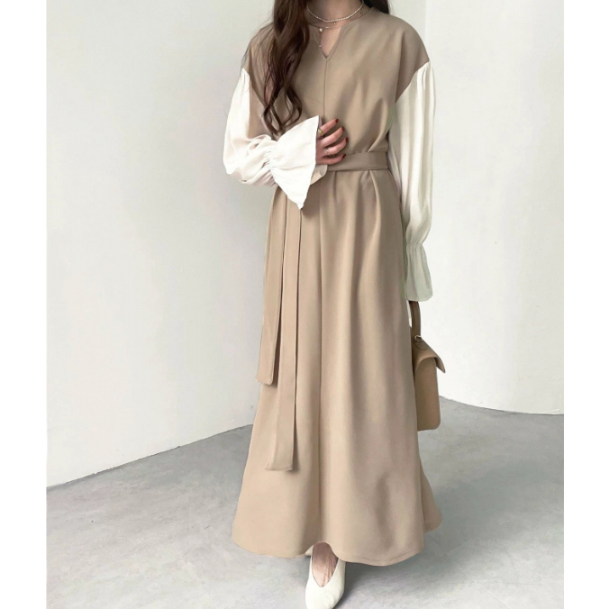 フォーマルカジュアル 通勤用異素材切替ワンピース　ぽわん袖体型カバー