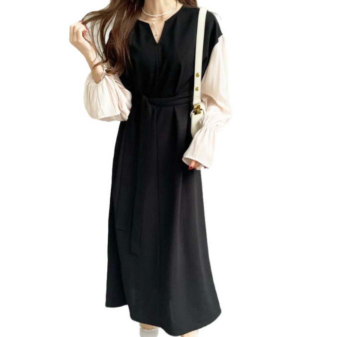 フォーマルカジュアル 通勤用異素材切替ワンピース　ぽわん袖体型カバー