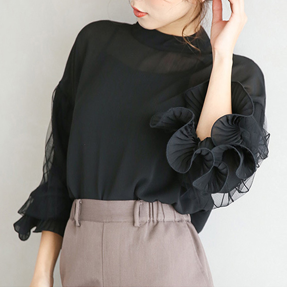 フォーマルカジュアル 参観日にぴったり シフォン袖透け感ブラウス