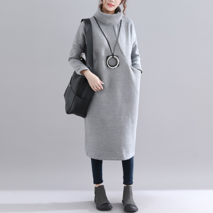 フォーマルカジュアル 通勤用裏起毛タートルネックワンピース ポケット付き