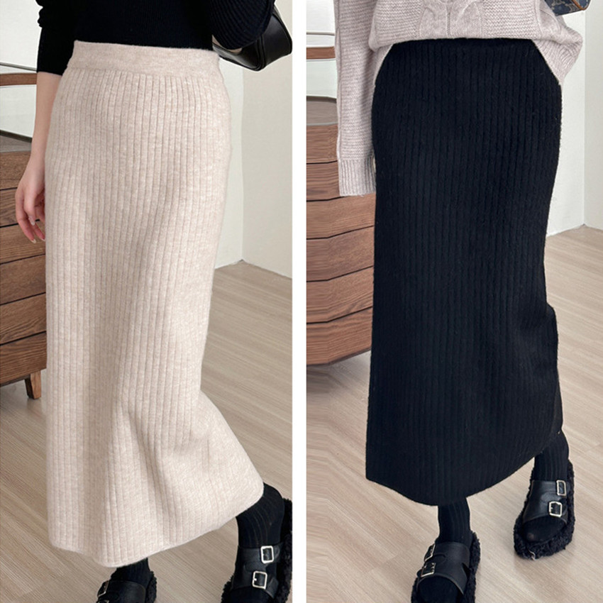 フォーマルカジュアル 参観日対応 リブニットロングスカート きれいめ美脚