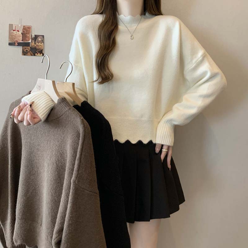 フォーマルカジュアル 参観日対応フリルネック無地ニットセーター