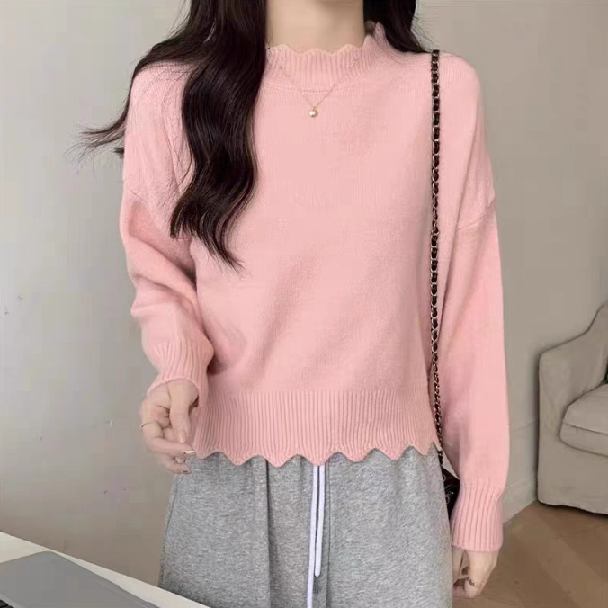 フォーマルカジュアル 参観日対応フリルネック無地ニットセーター