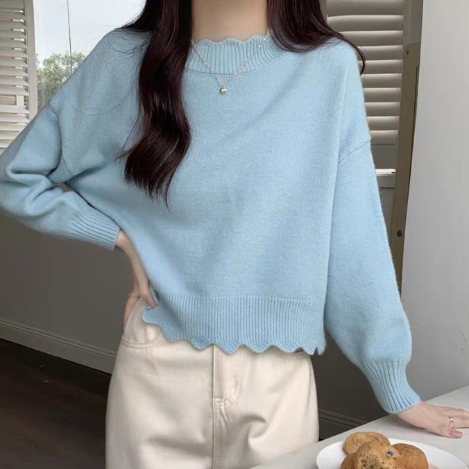 フォーマルカジュアル 参観日対応フリルネック無地ニットセーター