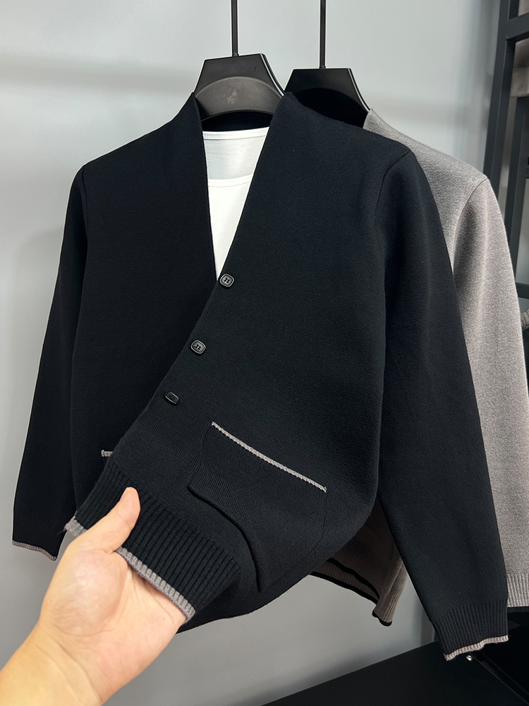メンズ 黒 ファッション バイカラー ノーカラーカーディガン