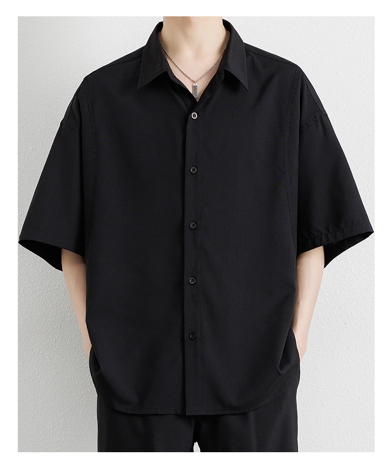 メンズ 黒 ファッション ワイドシルエット半袖シャツ