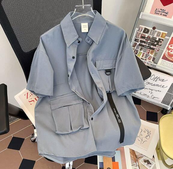 メンズ 黒 ファッション メンズ黒半袖カーゴシャツ多機能ポケット付き