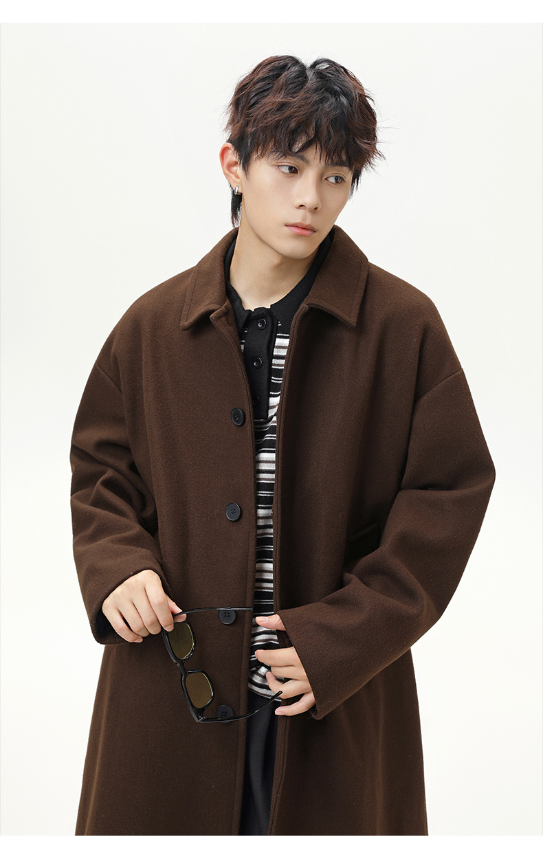 メンズ 黒 ファッション メンズ 秋冬 厚手ウールコート ロング丈 ゆったり黒コート