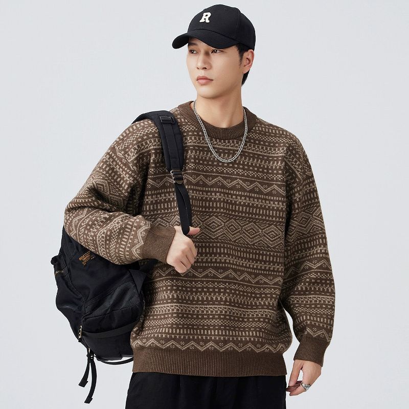 メンズ 黒 ファッション メンズ長袖ニットセーター 幾何学柄 黒グレー 秋冬新作