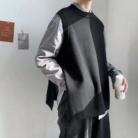 メンズ 黒 ファッション メンズ黒ニットベストおしゃれ重ね着トップス