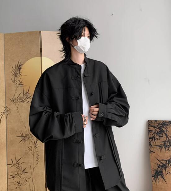 メンズ 黒 ファッション メンズ黒チャイナボタン長袖シャツ