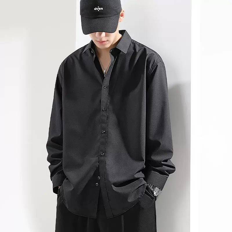 メンズ 黒 ファッション ワイドシルエット半袖ドレスシャツ