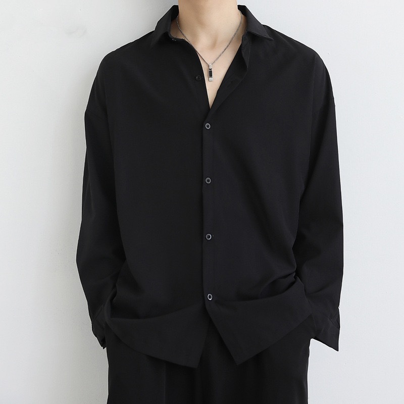 メンズ 黒 ファッション シンプル ゆったりドレスシャツ