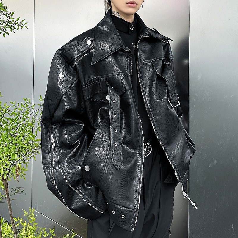 メンズ 黒 ファッション メンズ黒合皮ライダースジャケット星スタッズ付き