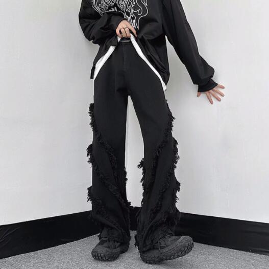 メンズ 黒 ファッション 黒フリンジデニムパンツ メンズ破れ加工ズボン