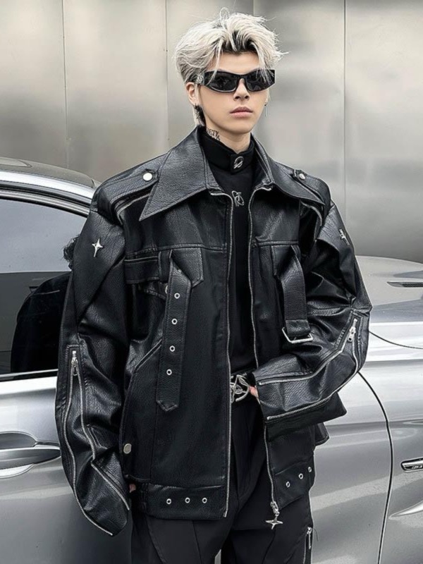 メンズ 黒 ファッション メンズ黒合皮ライダースジャケット星スタッズ付き