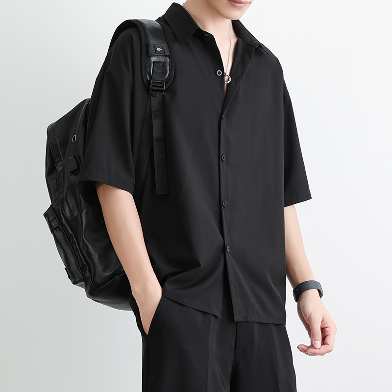 メンズ 黒 ファッション ゆったり半袖ドレスシャツ