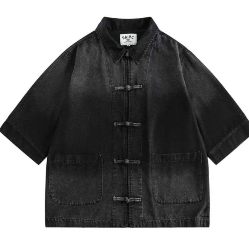 メンズ 黒 ファッション メンズ黒デニムジャケット中華風ボタン