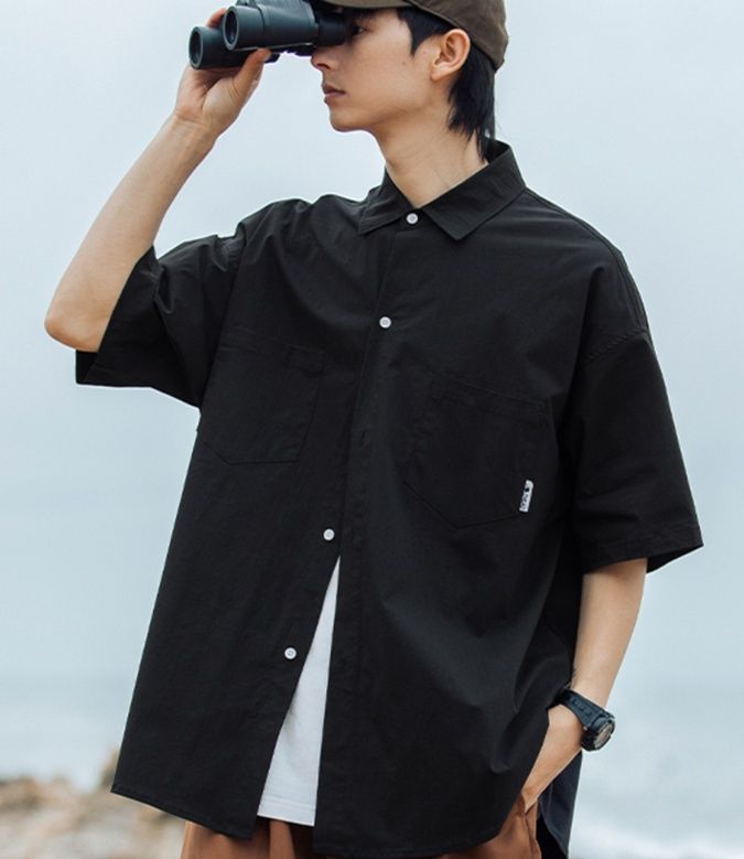 メンズ 黒 ファッション シャツ シンプル半袖オーバーシャツ