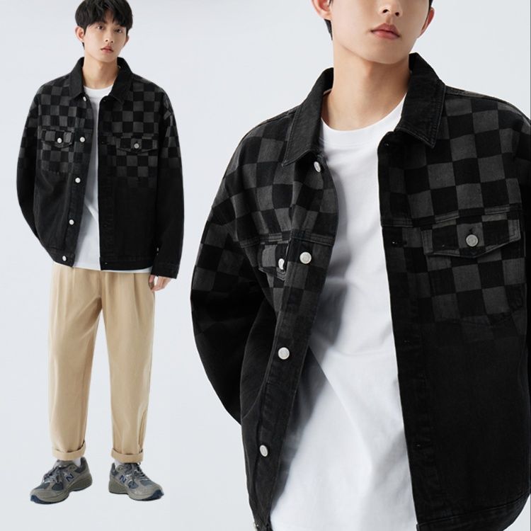 メンズ黒ファッション ジャケット 市松模様デニム