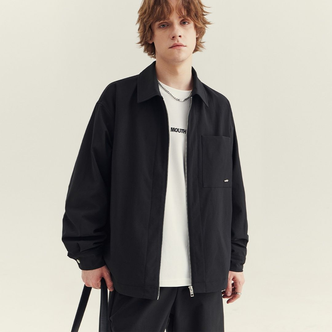 メンズ 黒 ファッション ミニマルシルエットジップジャケット
