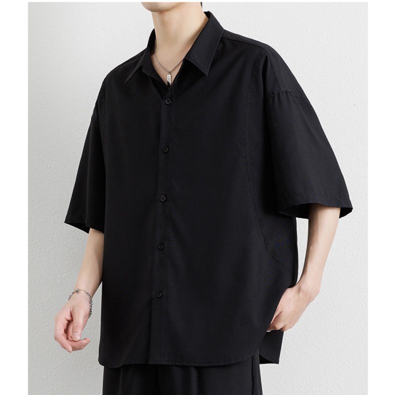 メンズ 黒 ファッション ワイドシルエット半袖シャツ