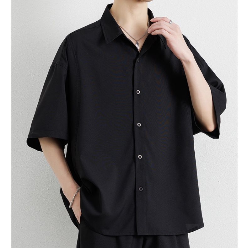 メンズ 黒 ファッション ワイドシルエット半袖シャツ
