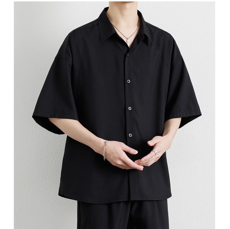 メンズ 黒 ファッション ワイドシルエット半袖シャツ