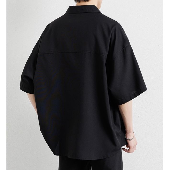 メンズ 黒 ファッション ワイドシルエット半袖シャツ