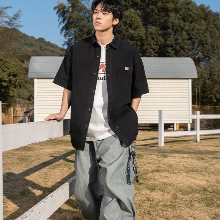 メンズ 黒 ファッション ワイドシルエット半袖オーバーシャツ
