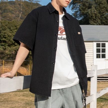 メンズ 黒 ファッション ワイドシルエット半袖オーバーシャツ