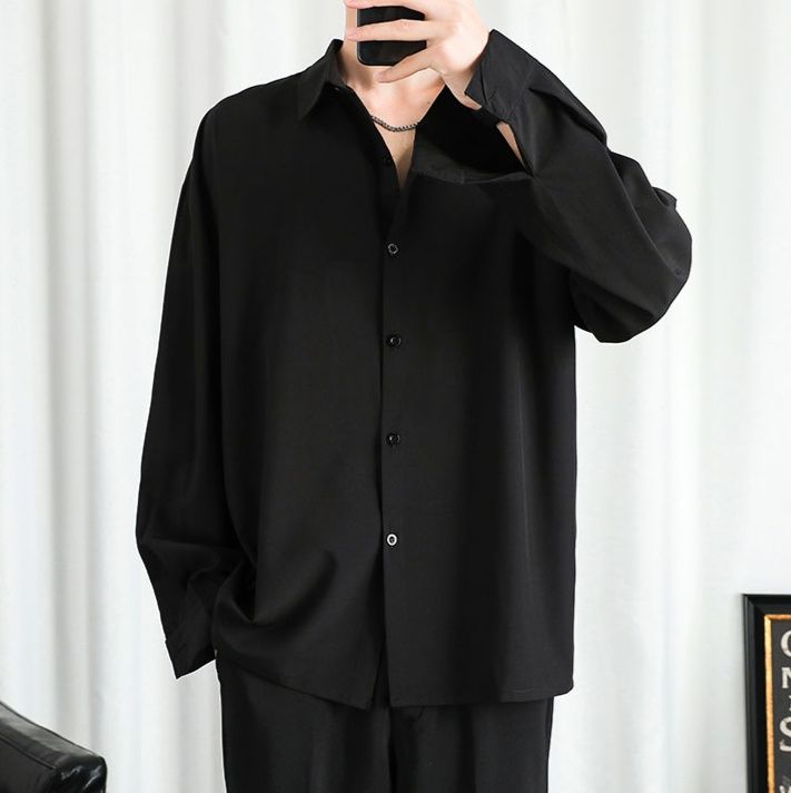 メンズ 黒 ファッション シンプル美シルエット 長袖開襟シャツ