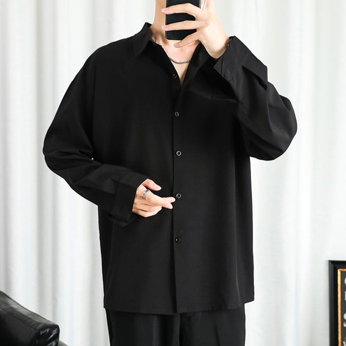 メンズ 黒 ファッション シンプル美シルエット 長袖開襟シャツ