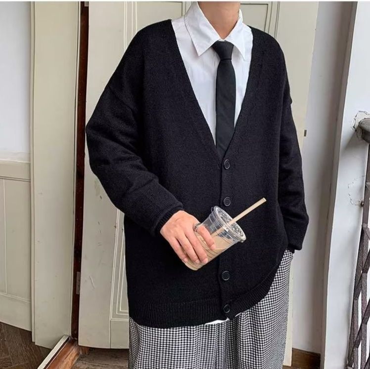 メンズ 黒 ファッション ゆったりシルエット学院風カーディガン