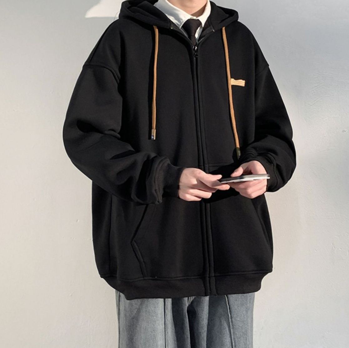 メンズ 黒 ファッション ワンポイント革紐ゆったりパーカー
