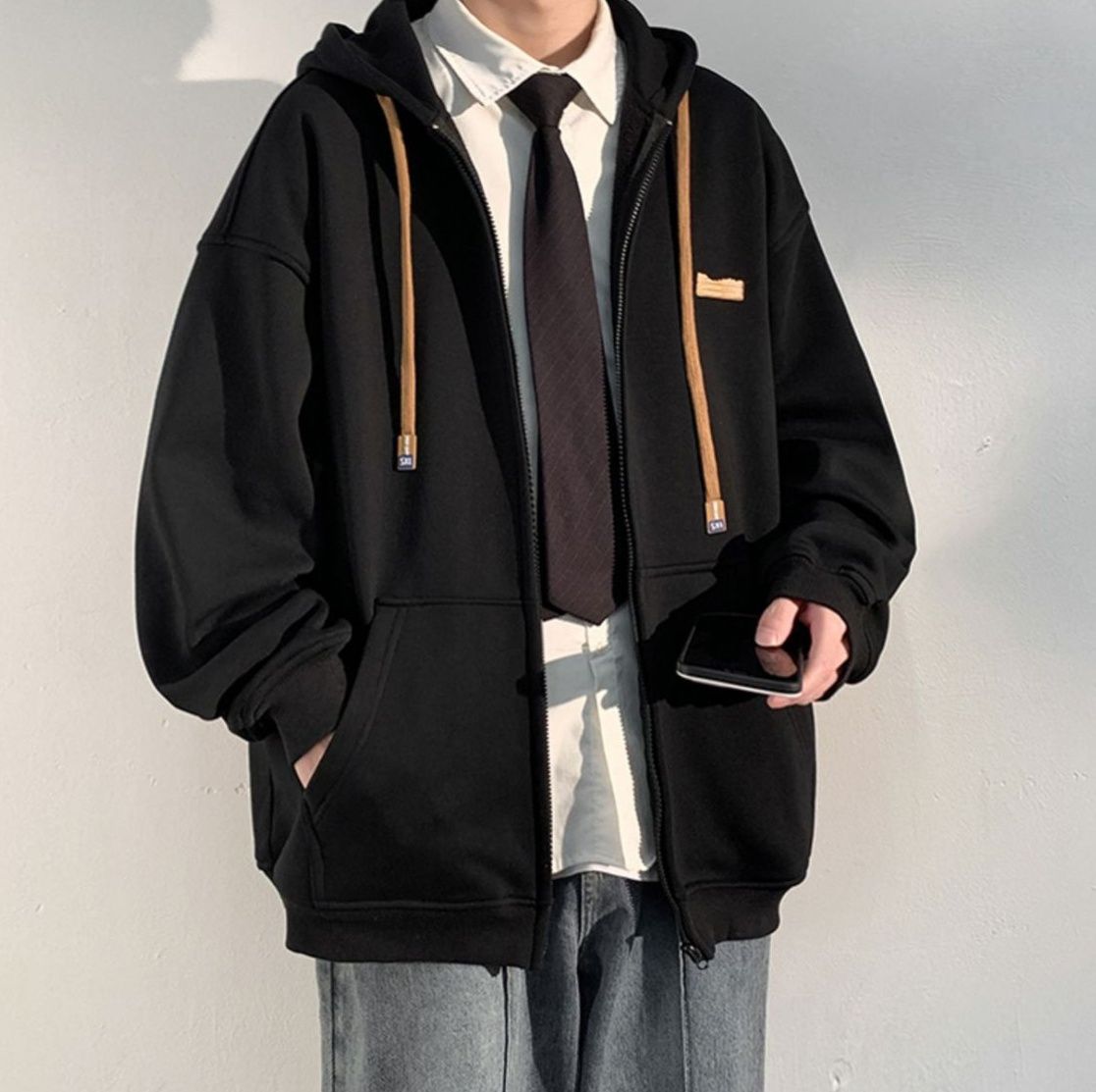 メンズ 黒 ファッション ワンポイント革紐ゆったりパーカー
