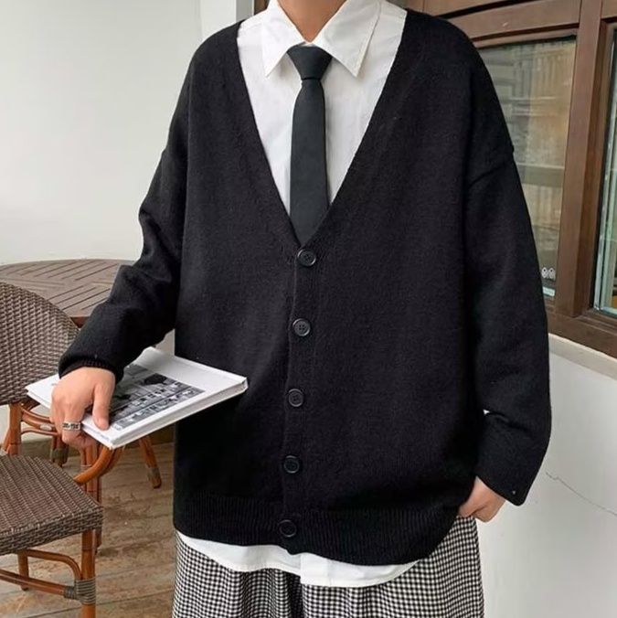 メンズ 黒 ファッション ゆったりシルエット学院風カーディガン