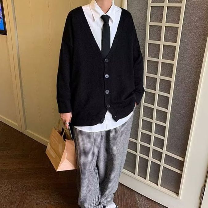 メンズ 黒 ファッション ゆったりシルエット学院風カーディガン