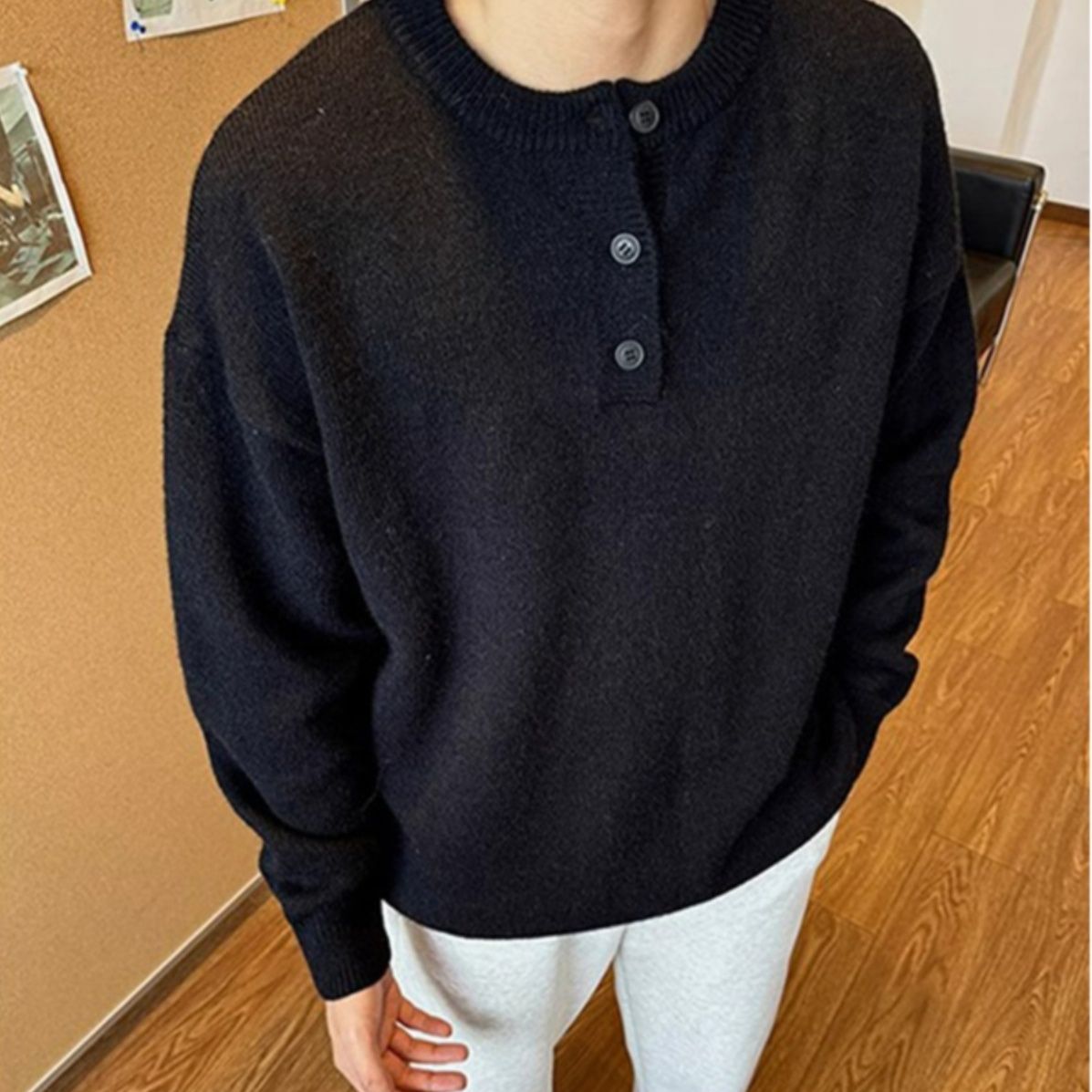 メンズ 黒 ファッション スタンドカラー ニットプルオーバーシャツ