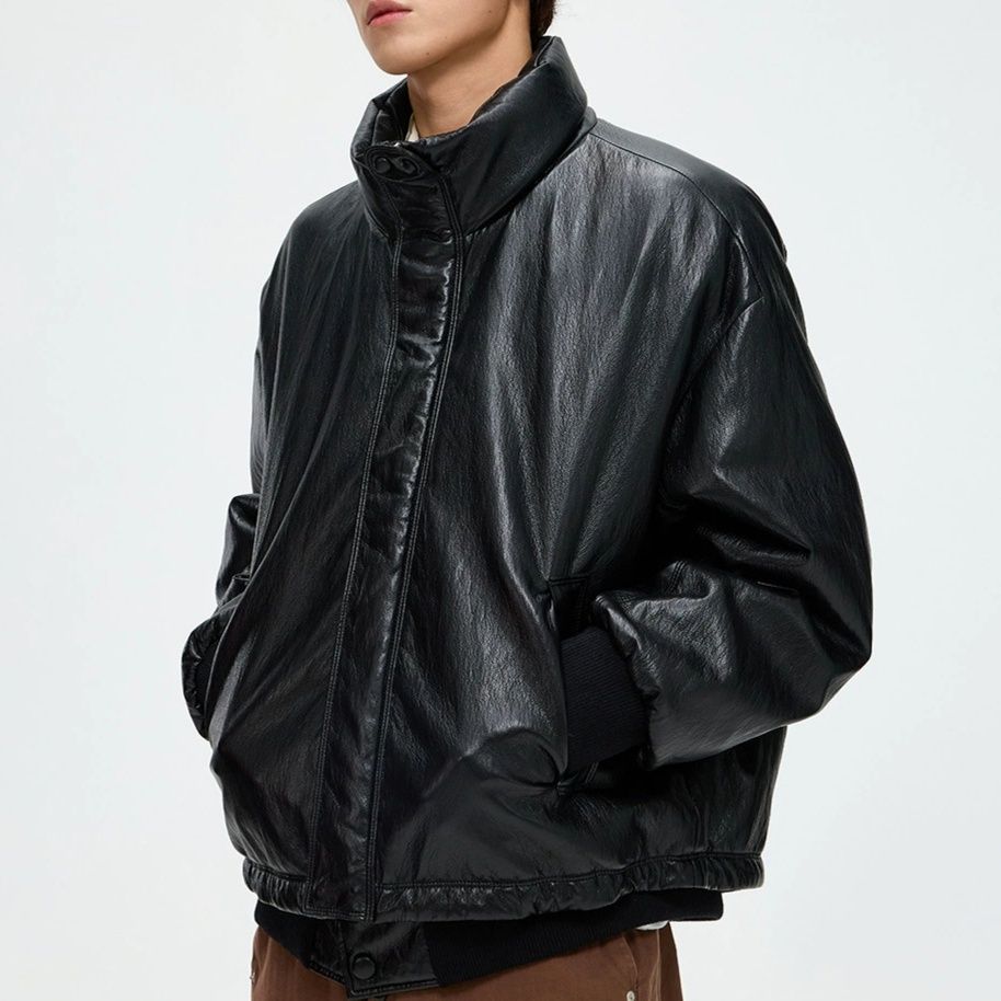 メンズ 黒 ファッション レザー調ダウンジャケット防寒アウター秋冬