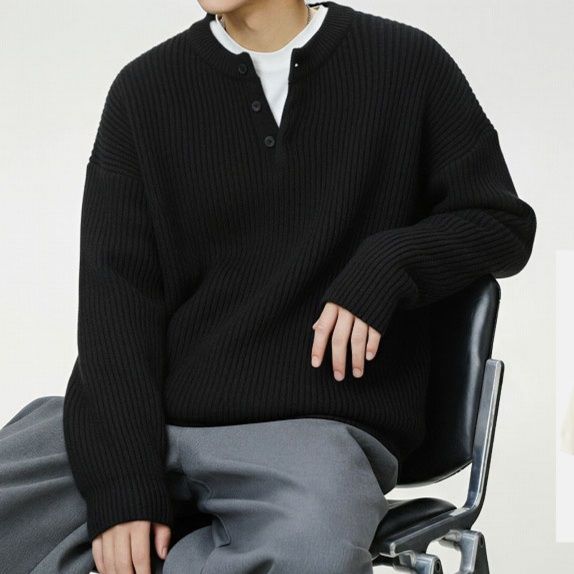 メンズ 黒 ファッション秋冬厚手ヘンリーネックニットセーター