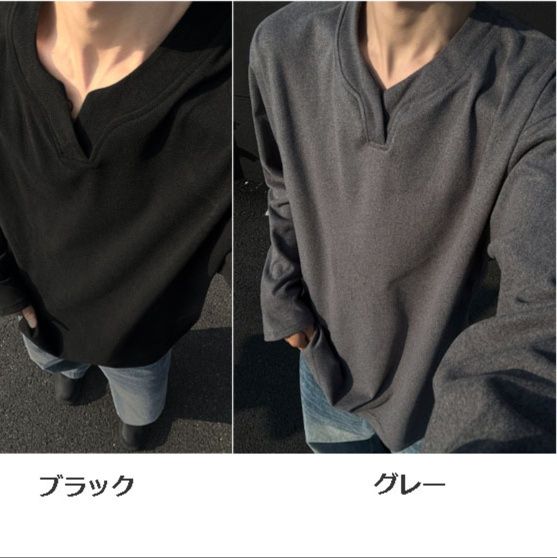 メンズ 黒 ファッション ブイネック長袖トップス暖かフリース素材 スウェット